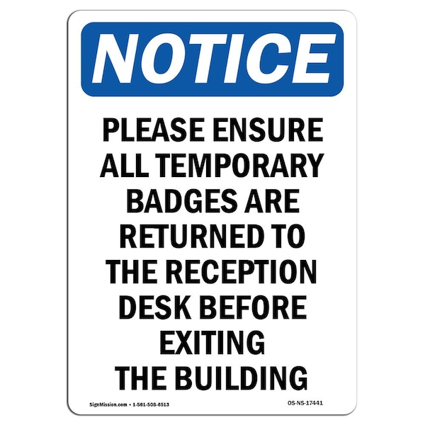 Sign, 5" H, 3.5" W, Please Ensure All Temporary Badges Sign, Portrait, NS-D-35-V-17441-10PK